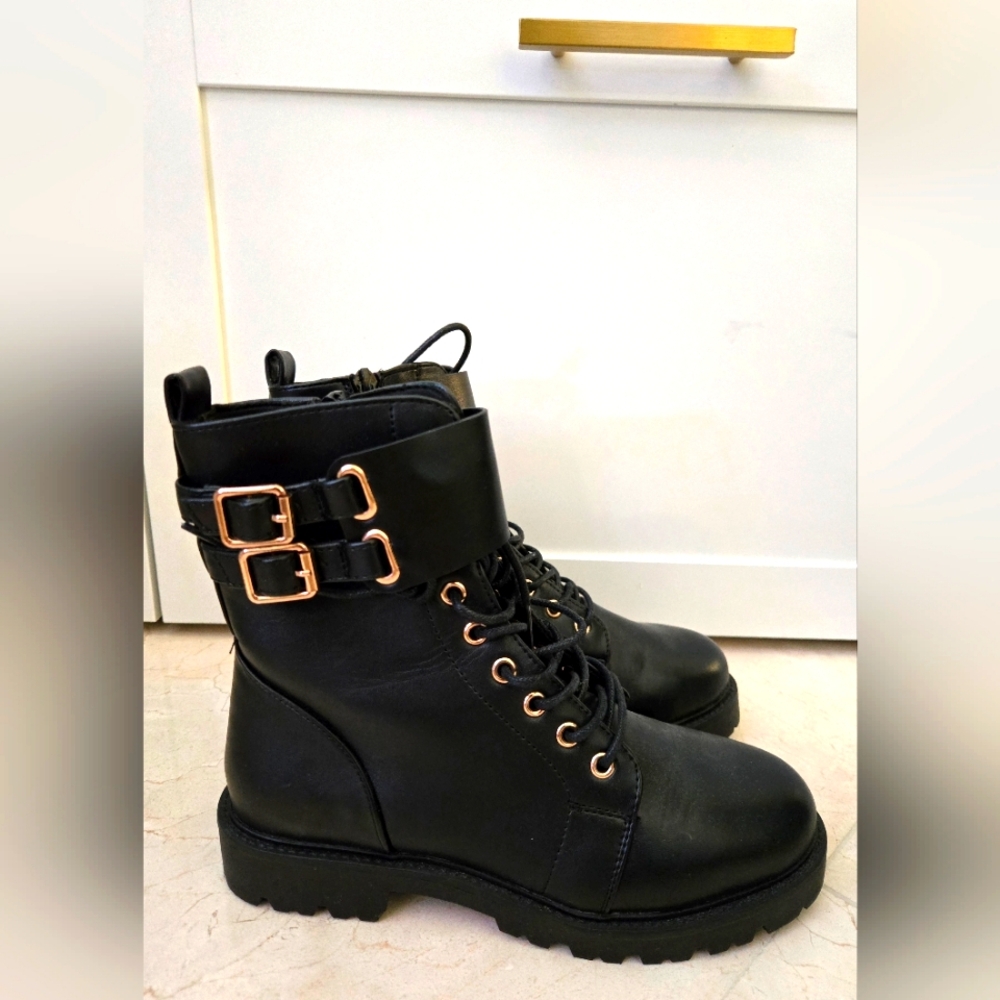 ASOS Black Lace Up Boots with Gold Buckles